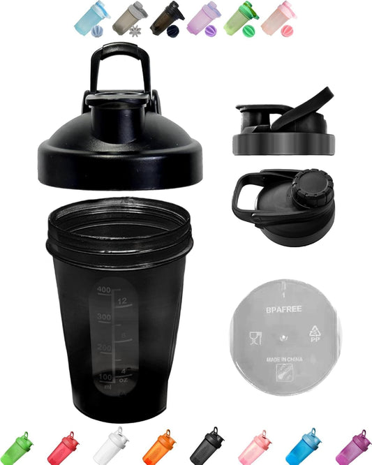 An Ergonomic Small Black Wide Mouth Shaker Cup,Made of Premium PP5 (BPA Free),Modelized Scale Marks 4-8-12 Oz,Black Leakproof Screwable Cover Lid (Style May Vary) & Whisk,Free Replacement in 10 Months